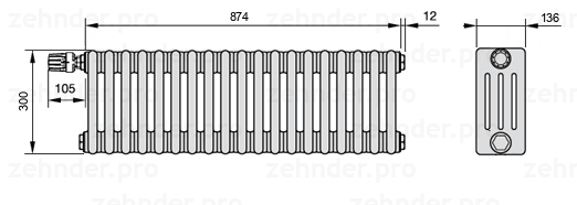 Схема (чертеж) Радиатор Zehnder Charleston 4030/19 №V011 Белый глянцевый RAL 9016